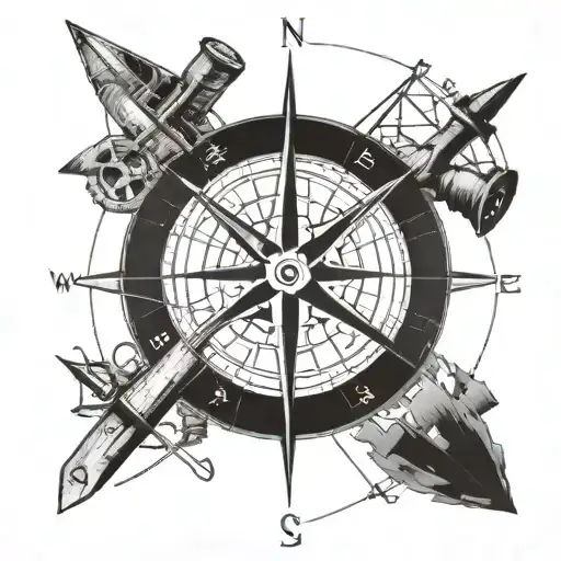 A blackwork tattoo of a compass rose surrounded by various construction tools like hammers, nails, and measuring tapes, with a subtle outline of a fishing boat in the background, reflecting the client's interests in construction work, fishing, and exploration tattoo design idea