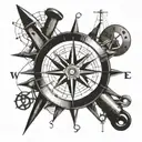 A blackwork tattoo of a compass rose surrounded by various construction tools like hammers, nails, and measuring tapes, with a subtle outline of a fishing boat in the background, reflecting the client's interests in construction work, fishing, and exploration tattoo design idea