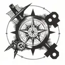 A blackwork tattoo of a compass rose surrounded by various construction tools like hammers, nails, and measuring tapes, with a subtle outline of a fishing boat in the background, reflecting the client's interests in construction work, fishing, and exploration tattoo design idea