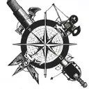 A blackwork tattoo of a compass rose surrounded by various construction tools like hammers, nails, and measuring tapes, with a subtle outline of a fishing boat in the background, reflecting the client's interests in construction work, fishing, and exploration tattoo design idea
