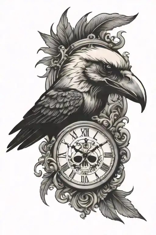 skull crow clock face tattoo design idea