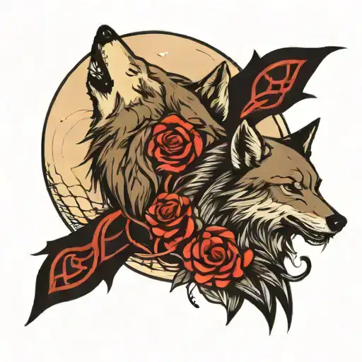 Wolf and crow in front of moon tattoo design idea