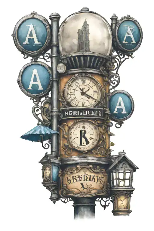 lamppost with road signs labeled with Wonderland, Narnia, Hogwarts, The Shire, Tattooine tattoo design idea
