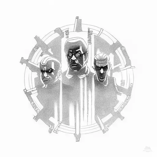 A tattoo design depicting the Key Master and Gatekeeper characters from Ghostbusters in a stylized black-grey style, with intricate details and shading. tattoo design idea