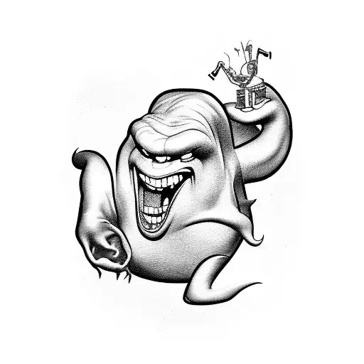 A tattoo design featuring a mashup of iconic movie characters from different genres, such as Slimer from Ghostbusters, a video game character, and a music artist. tattoo design idea