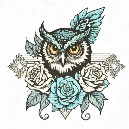 black cross wit blue roses wit blue eye owl  tattoo design idea