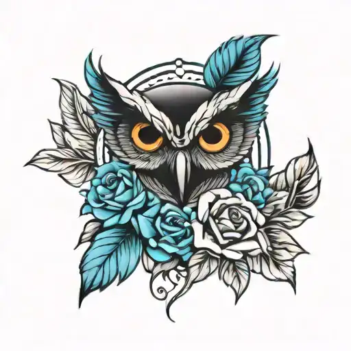 black cross wit blue roses wit blue cyan faded  owl eyes  tattoo design idea
