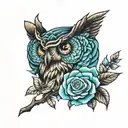 black cross wit blue roses wit blue cyan faded  owl eyes  tattoo design idea