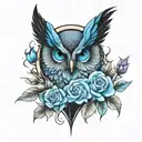 black cross wit blue roses wit blue cyan faded  owl eyes  tattoo design idea