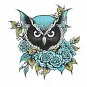 black cross wit blue roses wit blue cyan faded  owl eyes  tattoo design idea