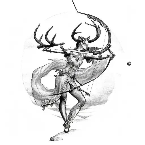 Artemis, full body statue, inclduing bow and arrow and deer tattoo design idea