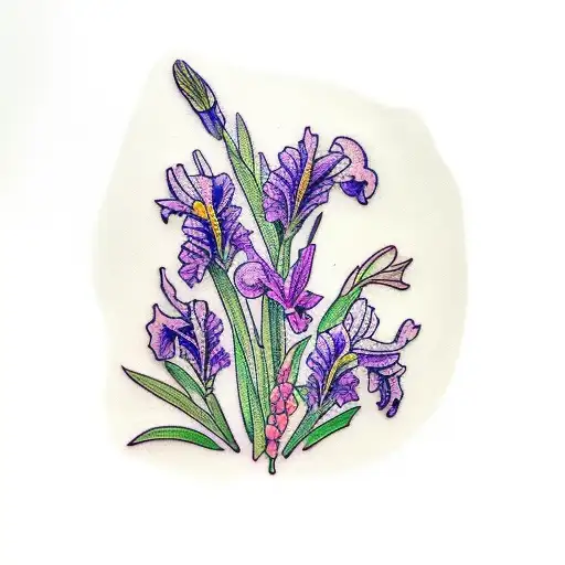 larkspur, iris, and gladiolus bouquet tattoo design idea