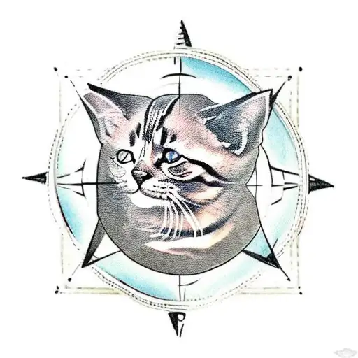 A traditional tattoo of a cat curled up on a stack of old travel photos, with a compass and a camera next to it. tattoo design idea