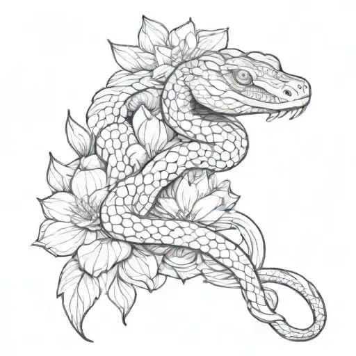 snake and lotus flowers tattoo design idea