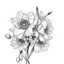 flower bouquet design representing my 5 children. use daffodil, cherry blossom, daisy, Lilly of the valley and narcissus tattoo design idea