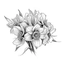 flower bouquet design representing my 5 children. use daffodil, cherry blossom, daisy, Lilly of the valley and narcissus tattoo design idea