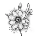 flower bouquet design representing my 5 children. use daffodil, cherry blossom, daisy, Lilly of the valley and narcissus tattoo design idea