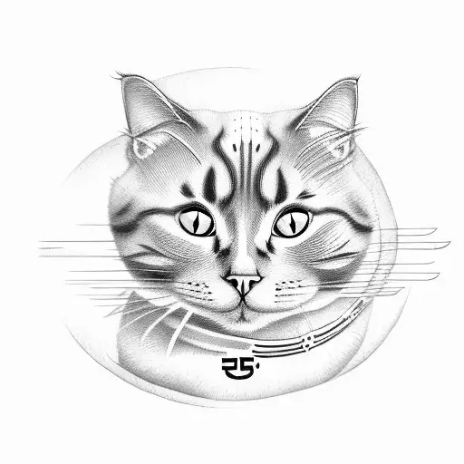 Cat in Korean style with chopsticks and Peonies around tattoo design idea