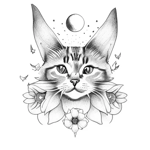 flowers and cat with wings and moon behind him tattoo design idea