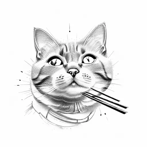 Cat in Korean style with Chopsticks and Peonies tattoo design idea