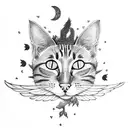 flowers and cat with wings and moon behind him tattoo design idea