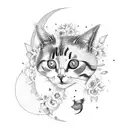 flowers and cat with wings and moon behind him tattoo design idea