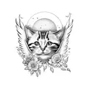 flowers and cat with wings and moon behind him tattoo design idea