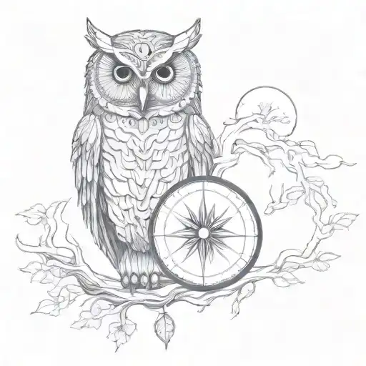 owl, red string of fate, tree of life, sun and moon tattoo design idea