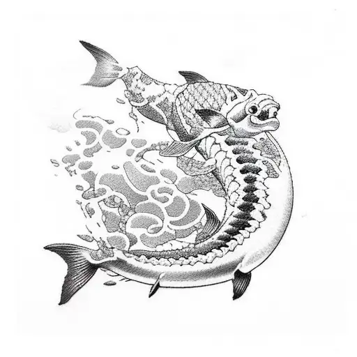 rinoceronte rodeado con un pez koi tattoo design idea