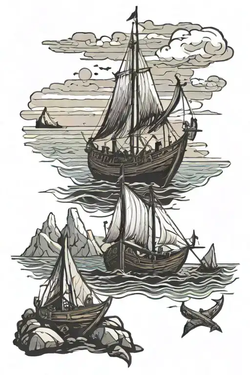 A campsite by the ocean with a Viking longship in the background tattoo design idea