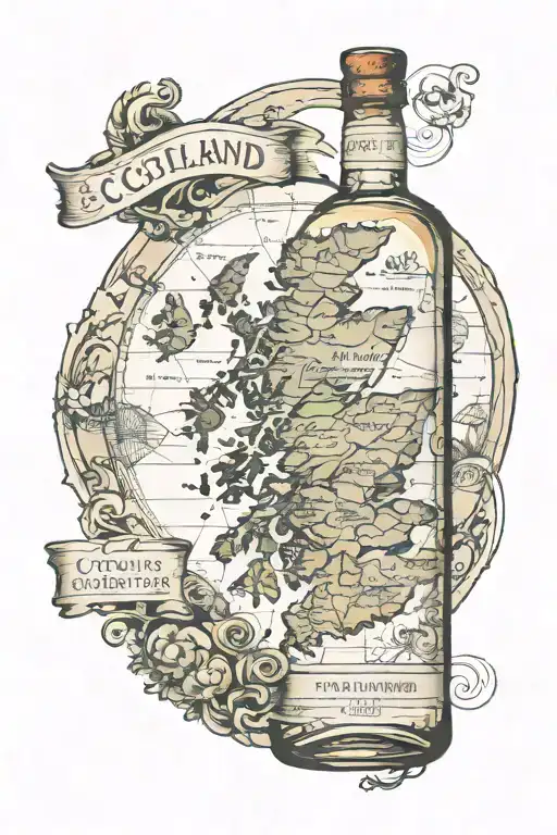 A whisky bottle with a map of Scotland as the label, with a river and sea in the background tattoo design idea