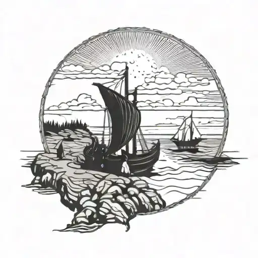 A campsite by the ocean with a Viking longship in the background tattoo design idea