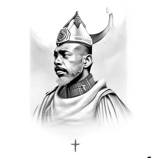 Black-grey portrait of a military leader with Candomble elements tattoo design idea