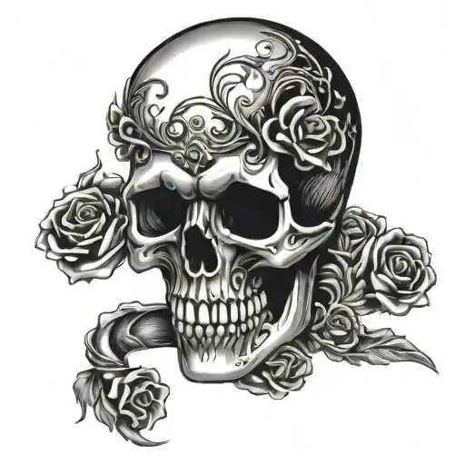 Words "Unlucky Me" written, dark tattoo, a skull, for a neck tattoo design idea