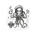 scary seawitch with octopus tentacles holding an umbrella, a teacup, gingerbread boy, and yellow bird tattoo design idea