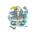 scary seawitch with octopus tentacles holding an umbrella, a teacup, gingerbread boy, and yellow bird tattoo design idea
