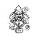 scary seawitch with octopus tentacles holding an umbrella, a teacup, gingerbread boy, and yellow bird tattoo design idea