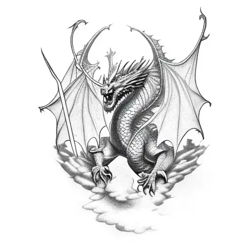 A majestic dragon flying over a medieval castle tattoo design idea