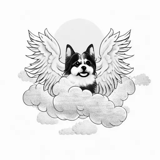  two kawaii dogs with angel wings, swirling clouds, flying, maltese tattoo design idea