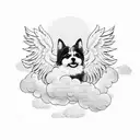  two kawaii dogs with angel wings, swirling clouds, flying, maltese tattoo design idea