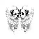  two kawaii dogs with angel wings, swirling clouds, flying, maltese tattoo design idea