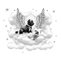  two kawaii dogs with angel wings, swirling clouds, flying, maltese tattoo design idea