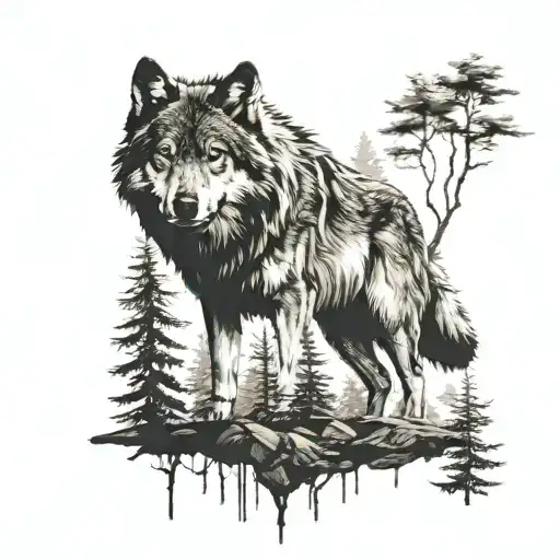Wolf in the forest with pack tattoo design idea