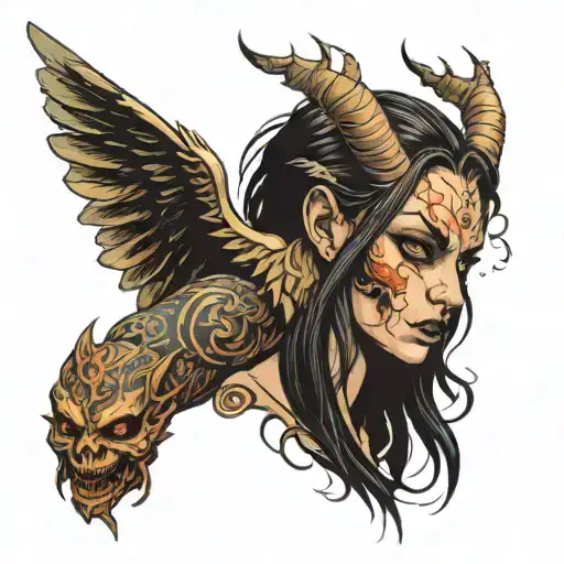 femail angel turning demon riping her angel face to become demon  tattoo design idea