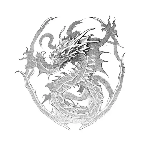  outline dragon with katana and dead roses tattoo design idea