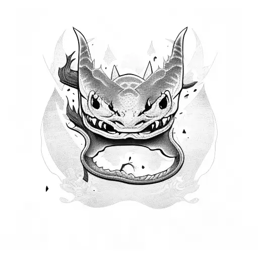  outline dragon with katana and dead roses tattoo design idea