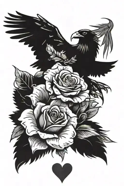 A rose with a crow flying above it and an eagle next to it with a heart and an eye inside it tattoo design idea