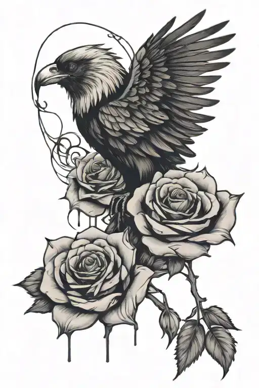 One rose with a crow above it and below it a broken heart with an eye inside it or on the side and on the right an eagle tattoo design idea