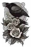 One rose with a crow above it and below it a broken heart with an eye inside it or on the side and on the right an eagle tattoo design idea