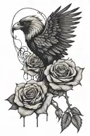 One rose with a crow above it and below it a broken heart with an eye inside it or on the side and on the right an eagle tattoo design idea